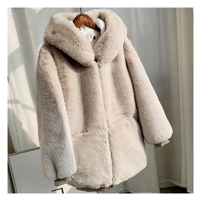 (beige, L) Winter Thick Warm Faux Fur Coat Women Hooded Long Sleeve Faux Fur Jacket Luxury Winte