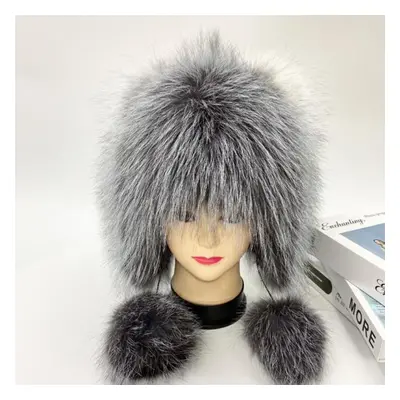 (silver, One Size) Winter Hat Woman Warm Cat Ushanka Balaclava Fluffy Fox Fur Trapper Women Bomb