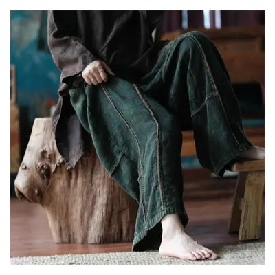 (dark green, One Size) Johnature Women Vintage Autumn Elastic Waist Trouser Patchwork Loose Dark