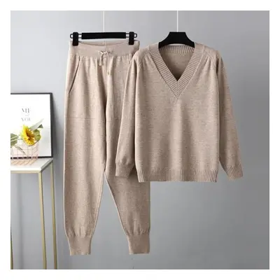 (khaki, One Size) Autumn And Winter Women&apos;s Sweater Harem Pants Set Casual Sweater Pullover