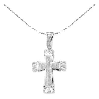 Jewelco London Unisex Rhodium Plated Sterling Silver CZ Crown Tipped Byzantine Cross Pendant Nec