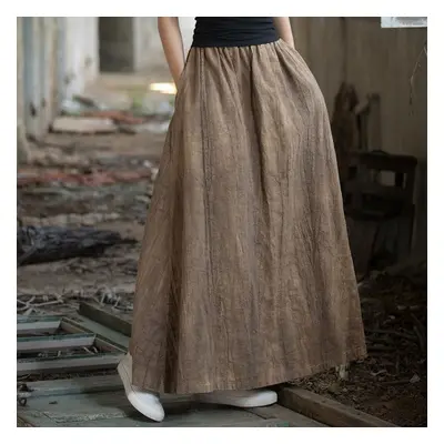 (One Size, coffee) Johnature Women Ramie Tie-dye Skirts Elastic Waist Pockets Vintage Autumn Clo