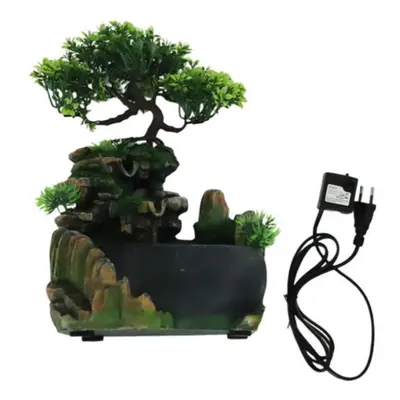 (green, EU Plug without Fog) Simulation Resin Rockery Fake Tree Feng Shui Waterfall Humidifier D