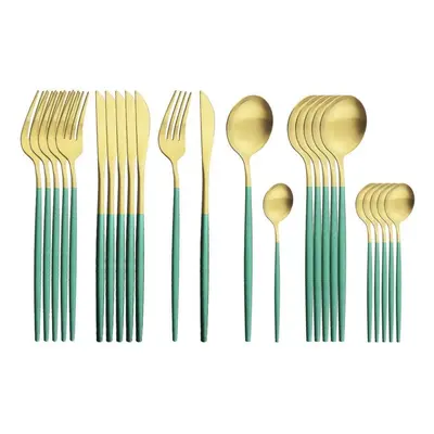 (green,gold) 24pcs Gold Matte Cutlery Set Stainless Steel Dinnerware Set Silver Knife Fork Spoon