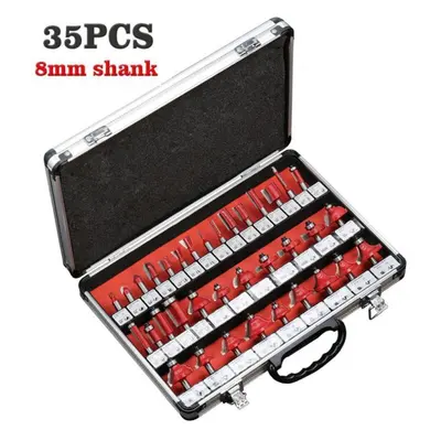 (red, 8mm with box) 35pcs 6mm 8mm Shank Tungsten Carbide Router Bit Set Wood Woodworking Cutter 