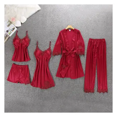 (red, XXL) Lisacmvpnel Pcs With Pad Sexy Lace Pajama Set Nightgown+cardigan+pant Set Lace Pijama