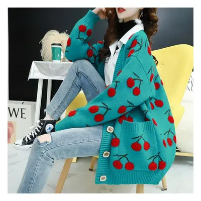 (green, M) Women Fruit Printting Knitted Sweater Cardigans Single Breasted Long Sleeve Loose Swe