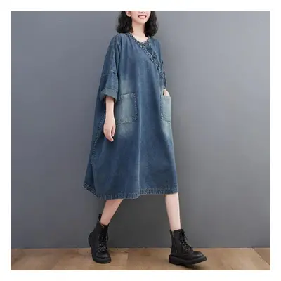 (blue, L) Dimanaf Women New Summer Dress Denim Short Sleeve Dress Elegant Long Dress Loose Dress