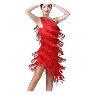 (red, One Size) Women Sequin Elegant One Shoulder Latin Dance Dress Adult Sexy Tassel Fringe Fla