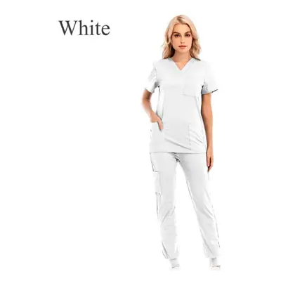 (white, S) Women Solid Color Short Sleeve With Pocket Set V-neck Quick Dry Nursing Working Unifo