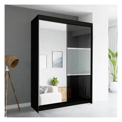 (120cm, Black ) Fort High Gloss Sliding Door Wardrobe with Drawers