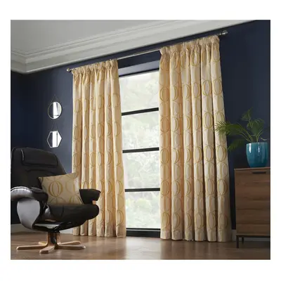 (90x90", Ochre) Omega Taped Pencil Pleat Curtain Pair Lined Curtains Jacquard