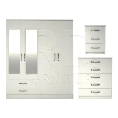 Ready assembled Pcs Classic Door Drawer Mirrored Wardrobe, Chest And Bedside Set White