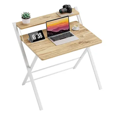 (Medium Size, Beige) Folding Desk with Monitor Shelf,Medium Size Computer Desk No-Assembly,Small