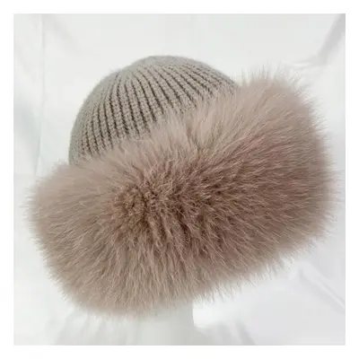 (khaki, One Size) Winter Hats Women Fox Fur Fluffy Warm Fashion Stylish Fedoras Knitted Fur Hat