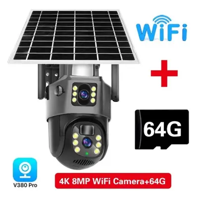 (WiFi Add 64G) 4k 8mp Wifi Solar Battery Camera 4g Sim Card Dual Lens Dual Screen Outdoor Securi