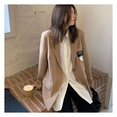 (khaki, M) New Style Women Casual Blazer And Coat Long Sleeve Patch Black Grey Clothes