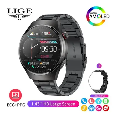 (black, Steel strap) Lige New Men Smart Watch Ecg+ppg Temperature Detection Heart Rate Health Tr