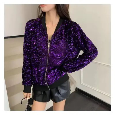 (purple, One Size) Autumn And Winter New Heavy-duty Design Sense Sequins Zipper Loose And Versat