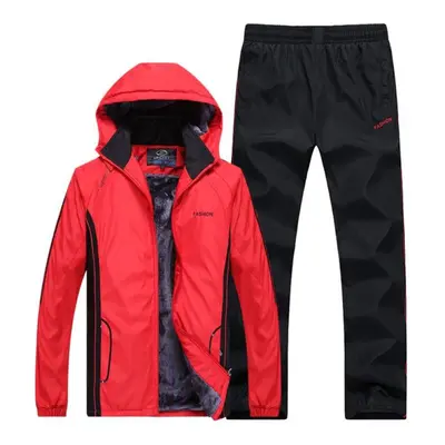 (red, XXXXL) Autumn And Winter Men&apos;s Plus Velvet Thick Warm Hooded Sports Suit Outdoor Larg