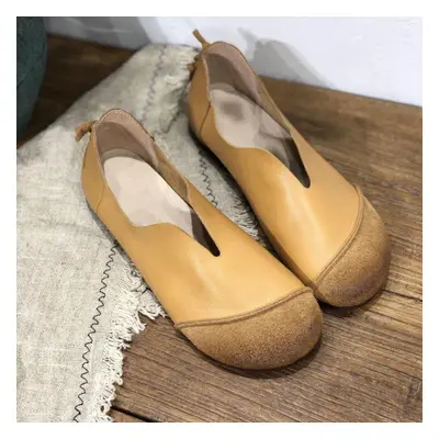 (deep lemon, 38) Johnature Retro Genuine Leather Women Soft Sole Flats Shoes Handmade Casual Sha