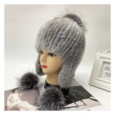 (light blue, head size 55-59cm) Pompom Winter Hat With Earflap Luxury Knitted Mink Fur Trapper H