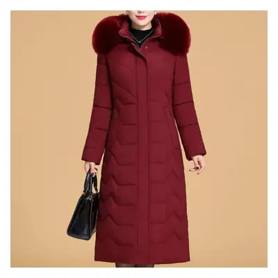 (red, 2XL) Plus Size Xl-6xl Middle Age Woman Long Coat Winter Thick Warm Overcoats Hooded Elegan