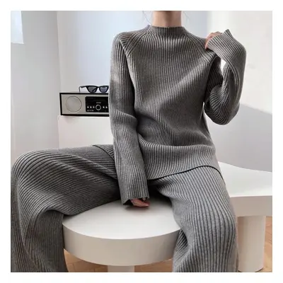 (grey, One Size) Side Slit Knitted Sweater Women Musilm Sets Warm Trousers Wide-leg Pants Two-pi