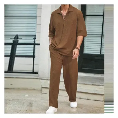 (brown, L) Spring Summer Casual Cotton Shirts And Pants Suits Men Vintage Half Sleeve Irregular 