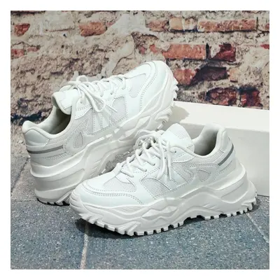 (white, 41) Tuinanle Couples Chunky Sneakers Women Lace Up Mixed Color Platform Shoes Super Thic