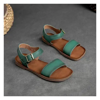 (green, 35) Johnature Simple Genuine Leather Flat Sandals Hook&loop Solid Color Soft Sole Versat