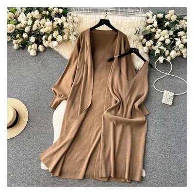 (camel, One Size) French High-end Solid Color Knit Fashion Suit Two Pieces Set Women&apos;s Autu