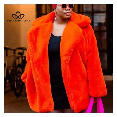 (orange, 3XL) Long Fashion Fur Plush Warm Elegant Casual Loose Coat Winter Thickened Lapel Fluff