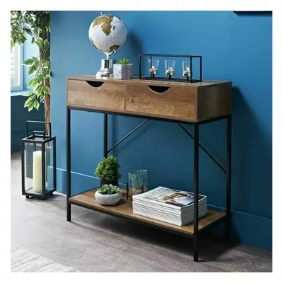 2 Drawer Console Table Black Metal Frame & Wooden Drawers and Shelf Furniture