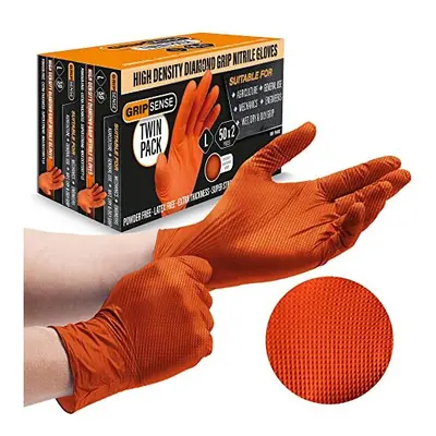 Gripsense Nitrile Gloves (2 Packs of 50) - High Density Diamond Grip Orange Gloves - Latex & Pow