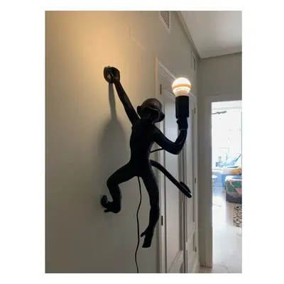 (black-Right OnWall) Modern Black Monkey Lamp Hemp Rope Pendant Lights American Country Resin Lo