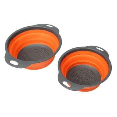 (Orange) 2Pcs Set Collapsible Foldable Silicone Drain Colander Fruit Vegetable Strainer Basket