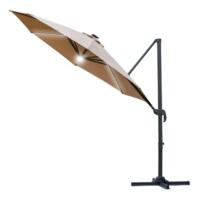 Outsunny 3(m) LED Cantilever Parasol Outdoor with Base Solar Lights Brown