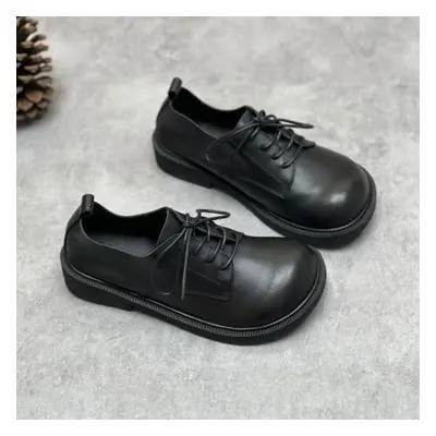 (black, 40) Johnature Genuine Leather Women Casual Pumps Retro Cowhide Soft Sole Round Toe Solid