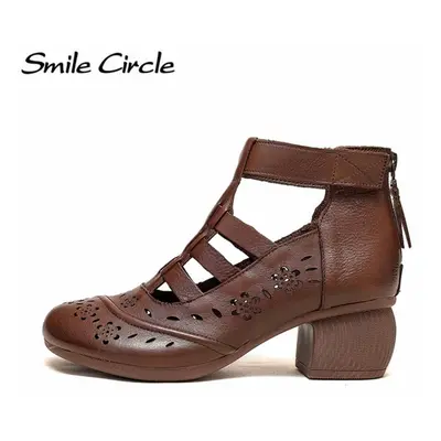 (brown, 37) Natural Leather High Top Women&apos;s High Heels Round Toe Roman Wind Sandals Thick 