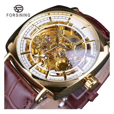 (white,gold) Forsining Leather Strip Luxury Gold Clock Transparent Skeleton Men Automatic Mechan