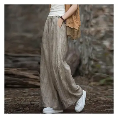 (light khaki, One Size) Johnature Women Vintage Tie-dye Wide Leg Pants Elastic Waist Autumn Trou