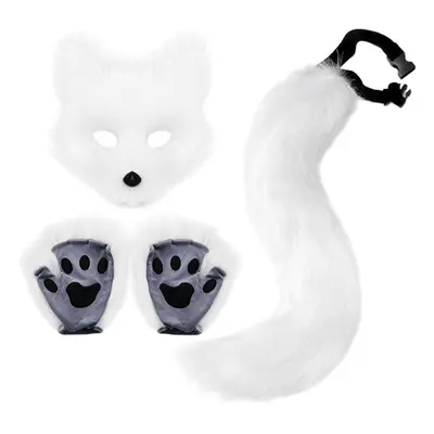 (white) Furry Fox Mask Wolf Fox Tail And Paw Gloves Set Adult Cat Halloween Mask Cosplay Animal 