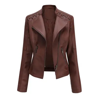 (coffee, M) Women Autumn Winter Turn Down Collar Long Sleeve Slim Thin Zipper Pu Leather Motorcy