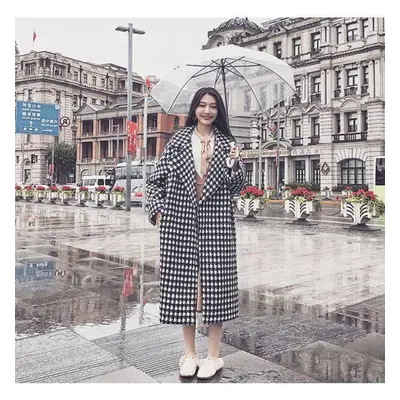 (as the picture, S) Fashion Plaid Coat Ladies Loose Long Woolen Coats Winter Trench Single Breas