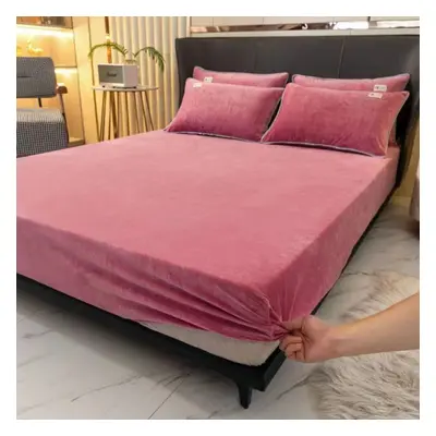 (deep pink, Bed sheet (220x200x25cm)) High-quality Soft Velvet Fitted Sheet With Elastic Bands N