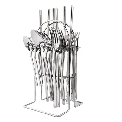 (24pcs+Rack - Silver) 24pcs Rainbow Color Cutlery Set Knife Fork Spoon With Rack Dinnerware Set 