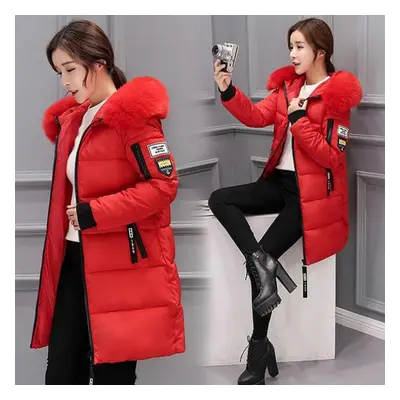 (red, L) Winter Down Cotton Jacket Women Long Coat Parkas Thickening Female Warm Clothes Rabbit 