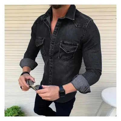 (black, M) Fashion Men&apos;s Denim Jacket Long Sleeve Shirt