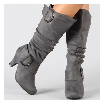 (gray, 40) Women Mid Calf Boots Round Toe Block Mid Heels Pleated Buckle Zipper Ladies Fashion C